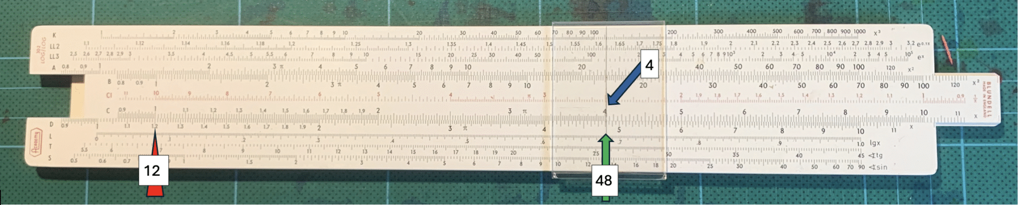 slide rule  showing 12 x 4 = 48